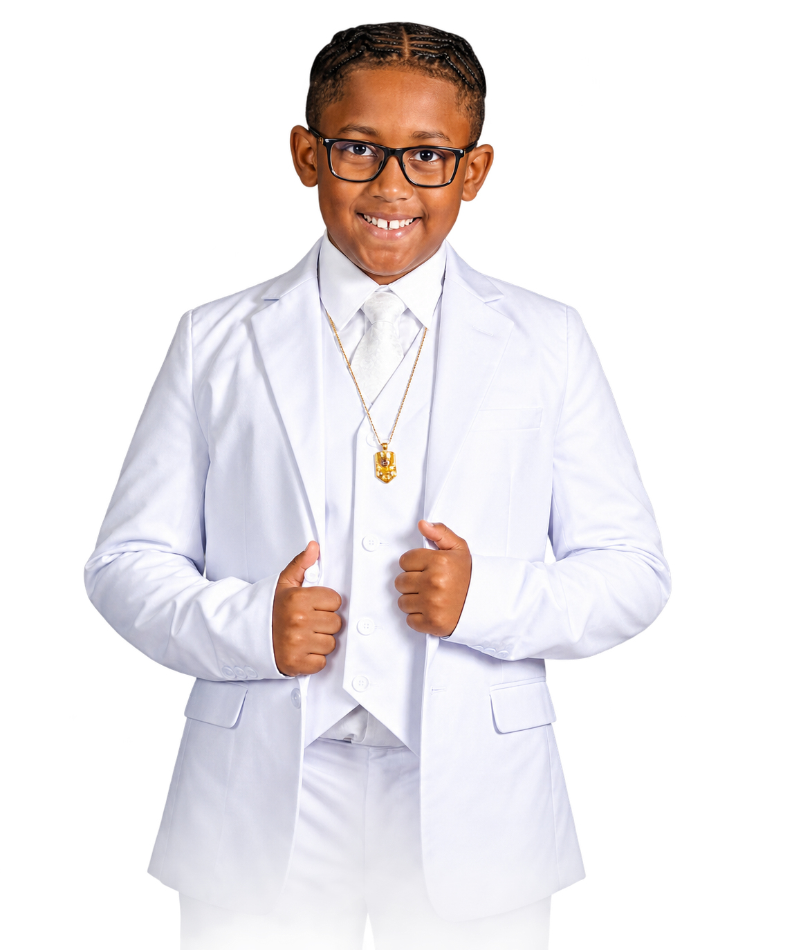 Caz'Mere wearing his king's crown in a white suit